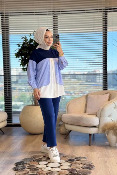 3079 Çift Garni Detaylı Takım Lacivert