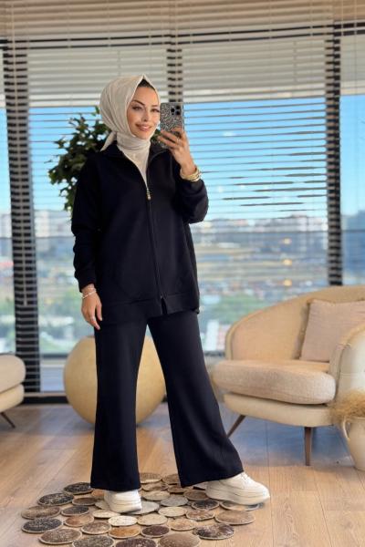 3080 File Detaylı Fermuarlı Takım Siyah