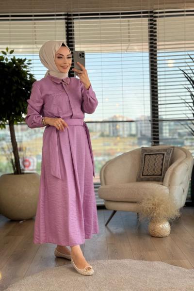 30870 Parlak Beli Bağcıklı Etekli Takım Lila