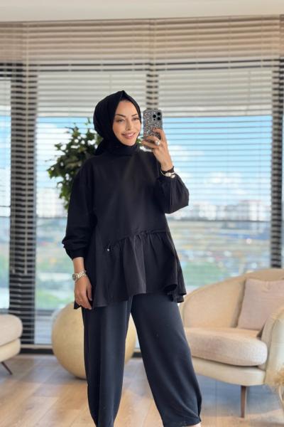 3091 Büzgü Detaylı Garnili Tunik Siyah