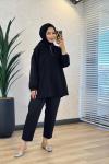 3101 Kapşonlu Patı Fermuarlı Sweatshirt Siyah