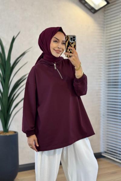 3101 Kapşonlu Patı Fermuarlı Sweatshirt Mürdüm