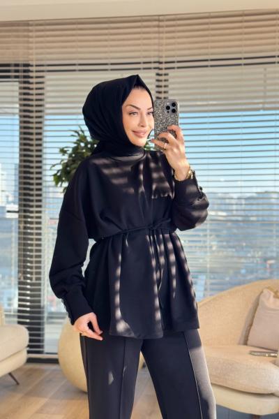 3117 Manşeti Düğme Detaylı Sweatshirt Siyah
