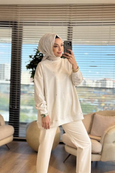 3118 Zımba Detaylı SweatShirt Ekru