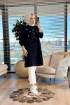 3138 Taş Ve İnci Detaylı Midi Boy SweatShirt Siyah