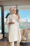 3138 Taş Ve İnci Detaylı Midi Boy SweatShirt Ekru