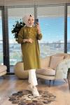 3138 Taş Ve İnci Detaylı Midi Boy SweatShirt Yağ Yeşili