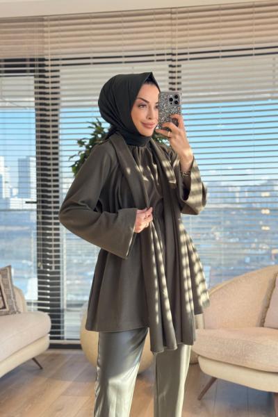 3158 Atkı Detaylı Beli Büzgülü Tunik Haki