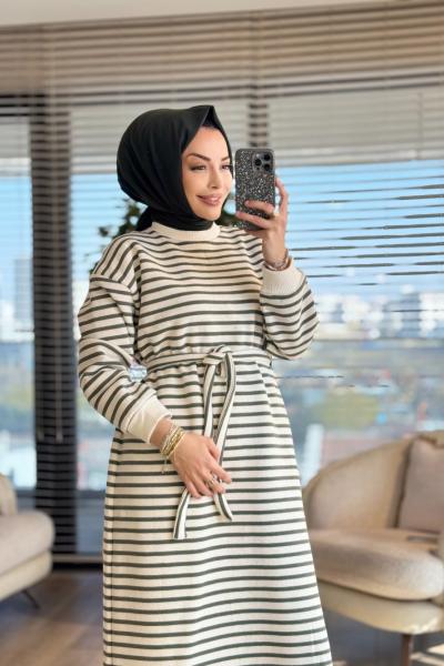 3177 Çizgili Üç İplik Elbise Haki