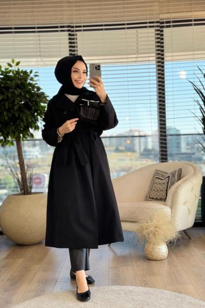 32000 Sağ Taraf Parça Üstü Cepli Trenç Siyah