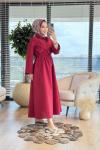 32243 Bel Büzgülü Patı Düğmeli Elbise Bordo