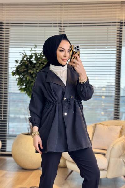 3225 Beli Bağcıklı Dört Düğmeli Ceket Siyah