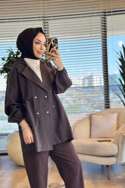 3225 Beli Bağcıklı Dört Düğmeli Ceket Kahve