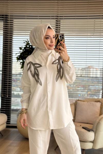 3227 Yaprak Motif İşlemeli Gömlek Ekru