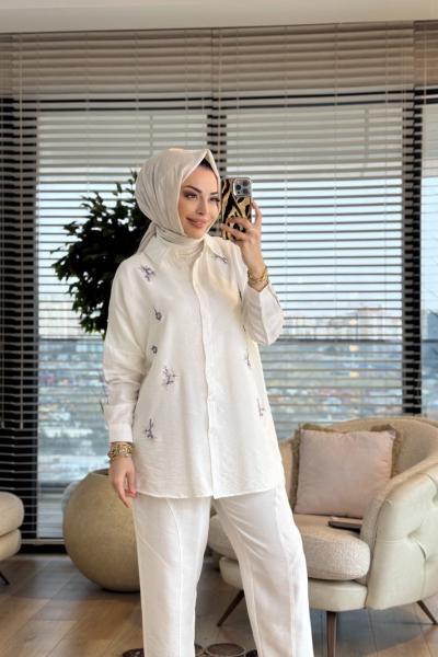 3228 Kristal Taş Detaylı Gömlek Ekru