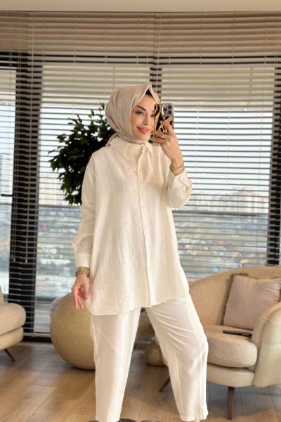 3245 Sarkıt Boncuk İşlemeli Gömlek Ekru