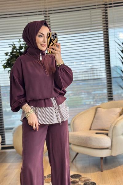 32462 Yaka Ve Baseni Çizgi Parçalı Pantolon Takım Bordo