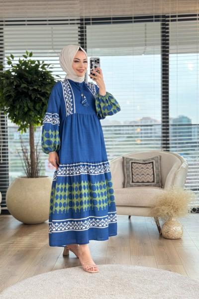 32495 Bordür Desenli Elbise Lacivert