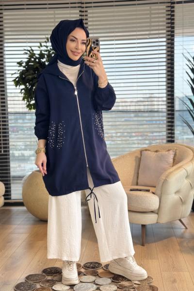 3278 Cepleri Taş Detaylı Midi Boy Kap Lacivert