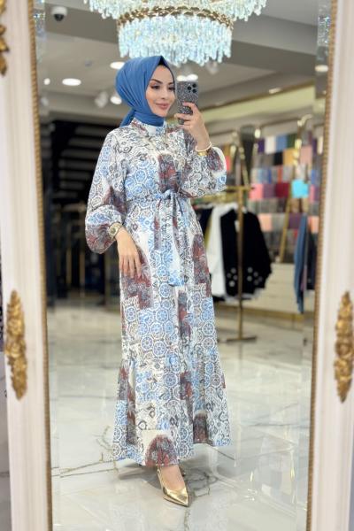 3289Y25 Keten Desenli Elbise Ekru İndigo