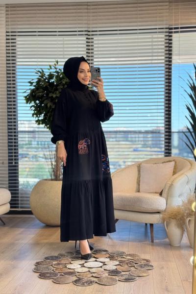 33123 Etnik Sim Nakışlı Elbise Siyah