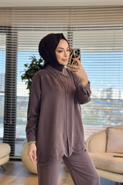 3325 Etek Ucu Nakış Detaylı Takım Kahve