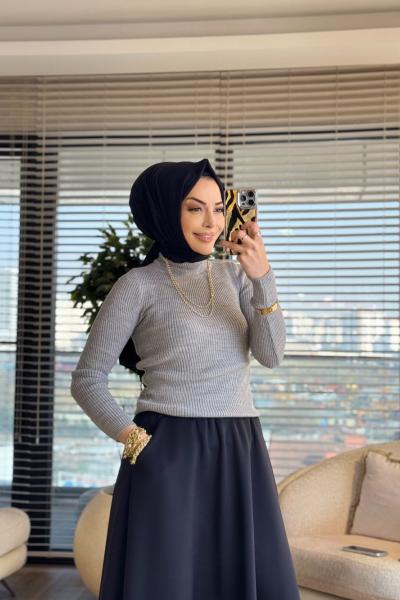 3347 Dik Yaka Triko Kazak Gri