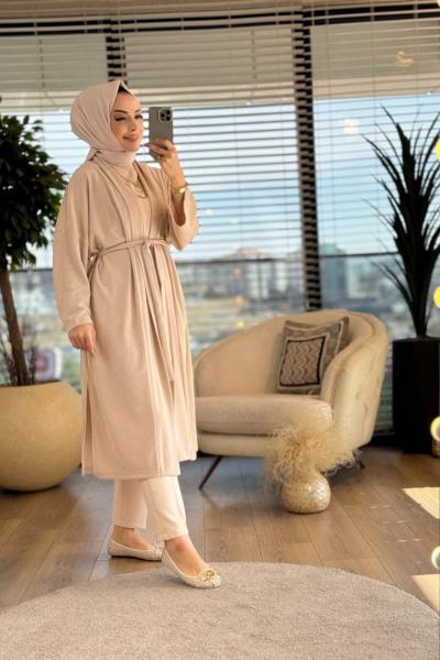 33653 Ribana Kumaş Kemerli Uzun Hırka Toprak