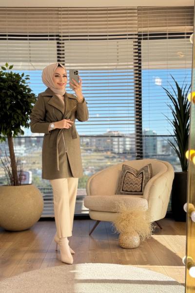 33875 Balıksırtı Kaşe Yandan Fermuarlı Kaban Haki