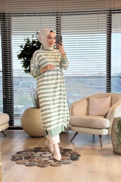 3389 Enine Kalın Çizgili Uzun Triko Tunik Çağla