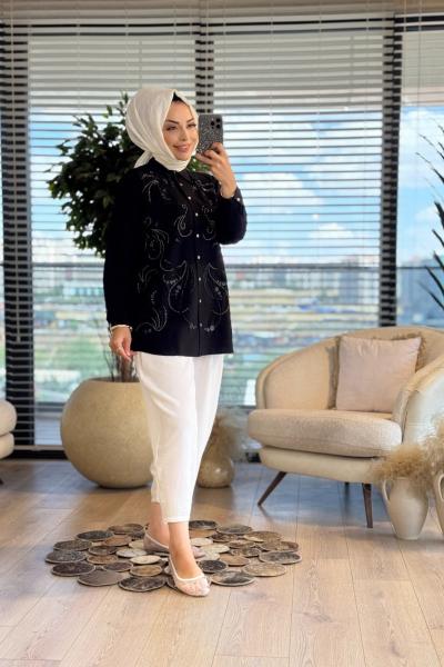 33962 Önü Boncuk Ve Taş İşlemeli Gömlek Siyah