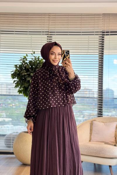 3403 Yakası Bağlama Detay Puantiyeli Bluz Bordo