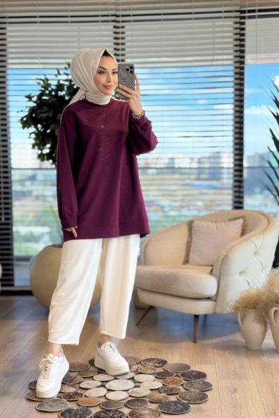 34049 Taş Detaylı SweatShirt Bordo