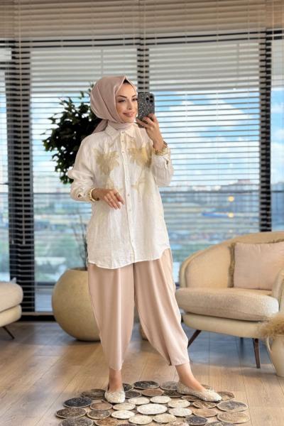 34303 Önü Nakışlı Gömlek Ekru