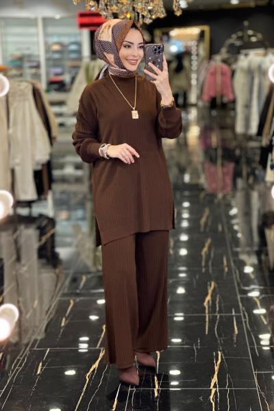 3444 Nopen Fitilli Triko Pantolon Takım Kahve