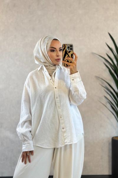 34497 Keten Düz Gömlek Ekru