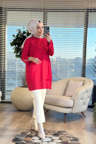 3503 Ön Kabartma Desenli Triko Tunik Kırmızı