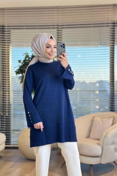 3503 Ön Kabartma Desenli Triko Tunik Lacivert