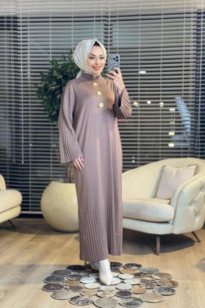 3507 Metal 3 Broşlu Triko Elbise Vizon