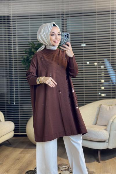 3508 Üst Pul Nakışlı Kendinden Desenli Triko Tunik Kahve