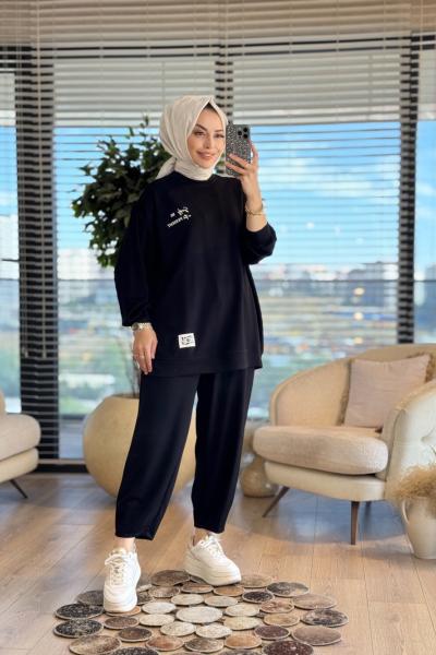35097 Yüksek Baskı Ve Etiket Detaylı Takım Siyah