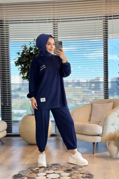 35097 Yüksek Baskı Ve Etiket Detaylı Takım Lacivert