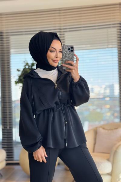 35373 Bel Kordonlu Kesik Detaylı Takım Siyah