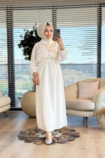 35659 Cep Detaylı Beli Bağcıklı Elbise Ekru