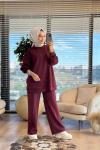 35798 Tonaton Baskı Geniş Paçalı Pantolonlu Takım Bordo