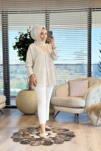 35842 Keten Basic Gömlek Bej