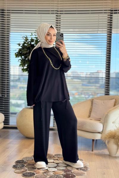 36068 Pile Detaylı Pantolonlu Takım Siyah