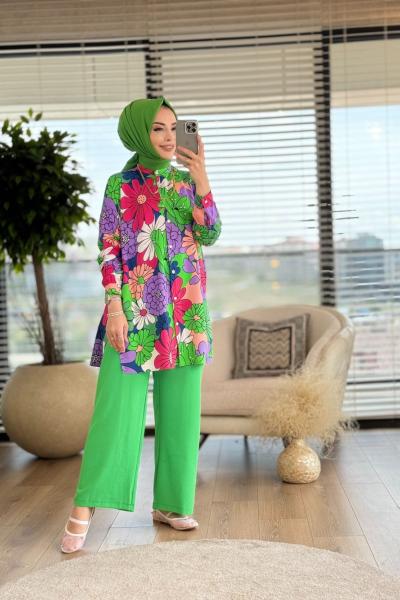3696 Renkli Çiçekli Tunik Yeşil