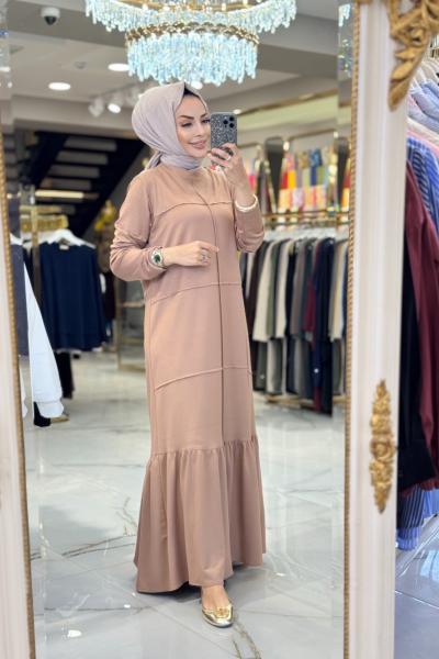 3947 Nervürlü Kristal elbise Latte