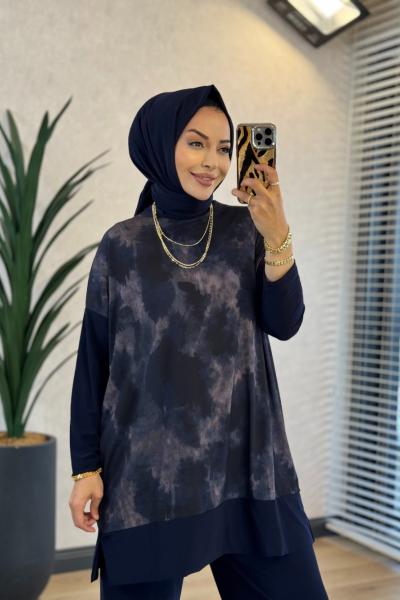 4004 Üst Batik Desenli Bluz Takım Lacivert